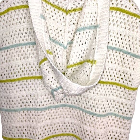 Miss Sparkling White Knit Coverup Blue Green Stripes Hoodie Sleeveless M - Picture 5 of 9